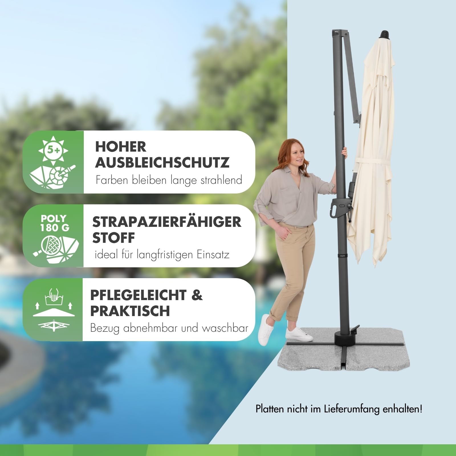 Doppler Style Sonnenschirm für den Garten | Ampelschirm 220 x 300 cm in Natur | um 360° drehbar | Sonnenschirm groß mit Standkreuz | neig- und schwenkbarer Pendelschirm für Garten & Terrasse