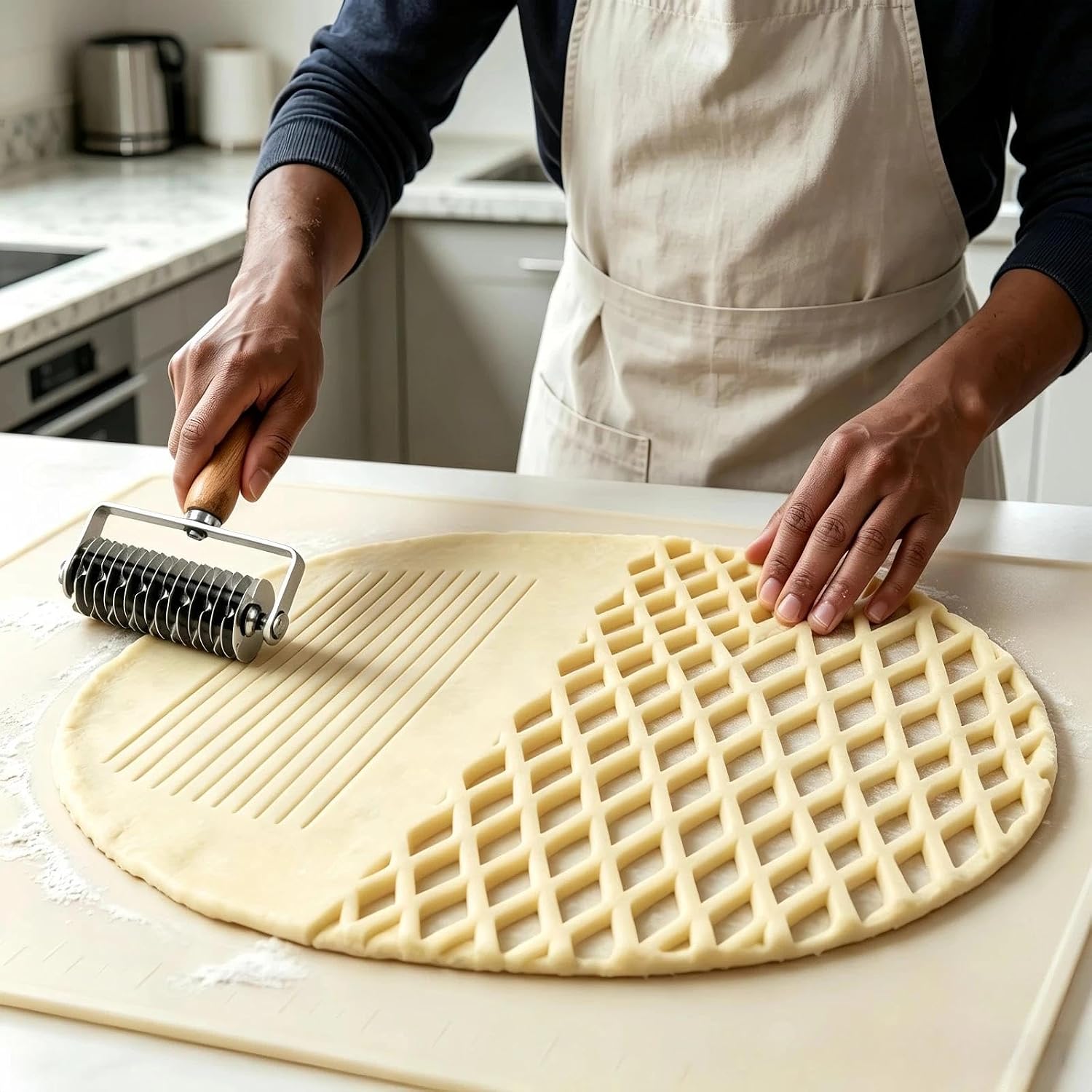 Pastry Lattice Roller Cutter, Stainless Steel Lattice Pastry Cutter with Wooden Handle, 7.9x5.1x1.8in Lattice Dough Wheel Cutter, Dough Lattice Cutter for Pizza, Biscuits