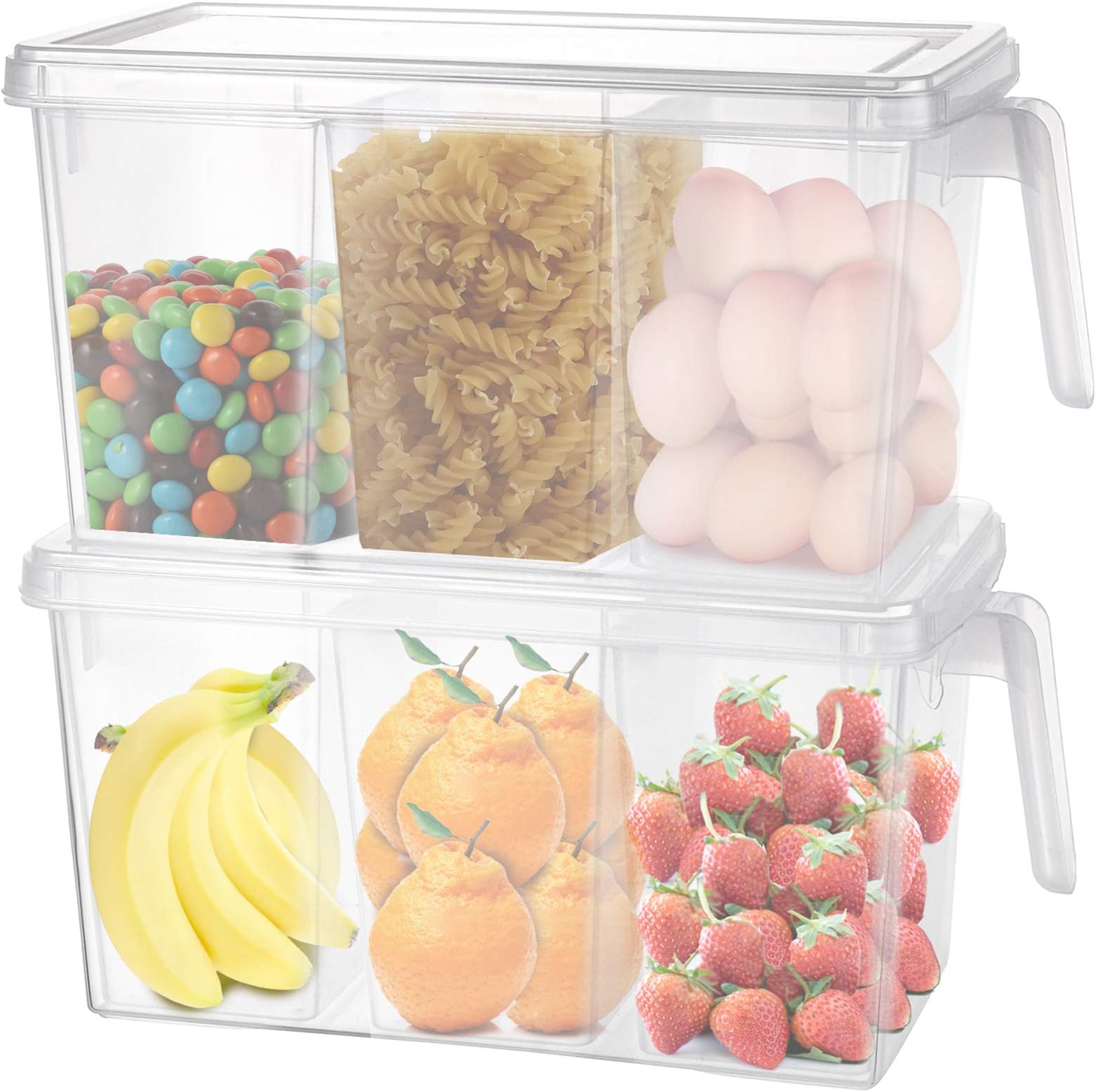 Yesland 2 Pack Plastic Storage Containers with Lids, 5 L Clear Food Storage Organizer Boxes with 6 Removable Bins/Stackable Refrigerator Organizer with Handle for Refrigerator Fridge Cabinet Desk