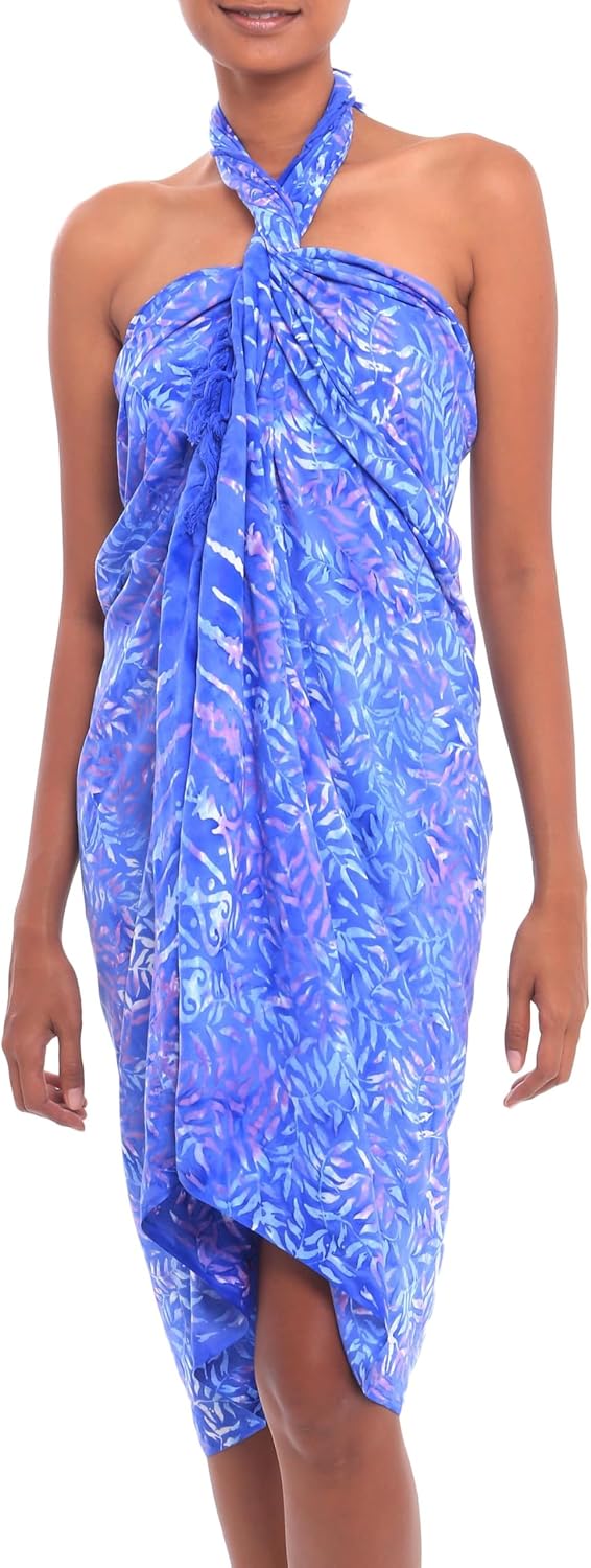 NOVICA Artisan Handmade Batik Rayon Sarong Leaf Motif in Sky Blue from Bali Clothing Purple Printed Indonesia Tree ' Heavenly Palm'