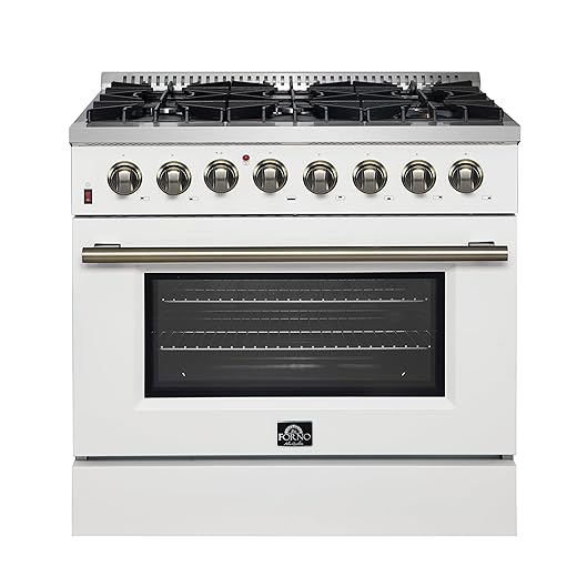 Forno Galiano 36-Inch Dual Fuel Range in White - 6 Sealed Burners 83,000 BTU, 5.36 cu.ft. True Convection Oven - Elegant Brass Handles & Knobs