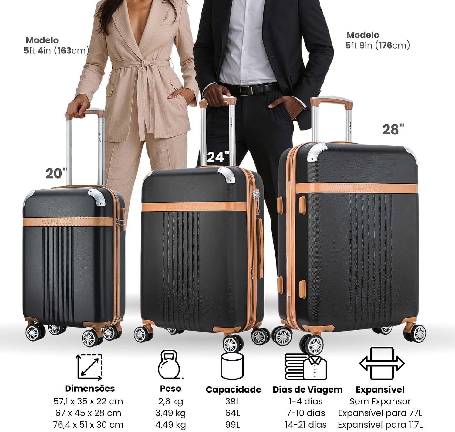 SANTINO Mala de Viagem Media 23kg Rígida ABS 4 Rodas 360º com TSA Leve Resistente Flexível Antifurto Preta tamanho 24 polegadas SANTINO Mala de Viagem Media 23kg Rígida ABS 4 Rodas 360º com TSA Leve Resistente Flexível Antifurto Preta tamanho 24 polegadas