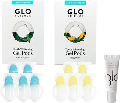 مجموعة العناية بالابتسامة من GLO Science مع جل التبييض وبلسم الشفاه، كبسولات تبييض الأسنان بالنعناع والزنجبيل، مجموعة متنوعة من 10 عبوات من ملمع الشفاه المرطب بالنعناع مع زبدة الشيا، 0.3 أونصة