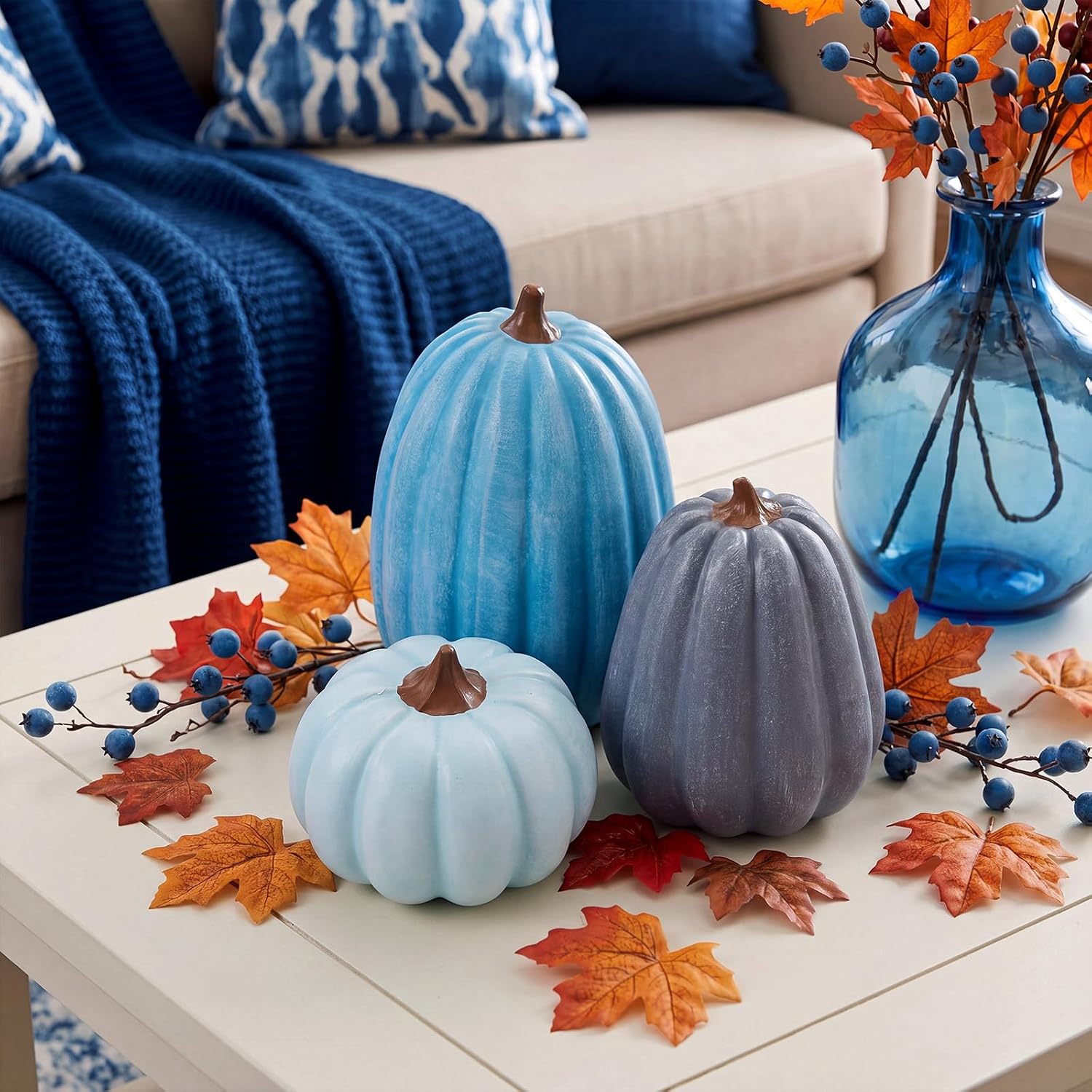 Janinka 3 Pcs Fall Pumpkin Decor Fake Pumpkin Figurines Fall Thanksgiving Pumpkins for Home Decor Farmhouse Harvest Halloween Table Centerpiece (Blue)