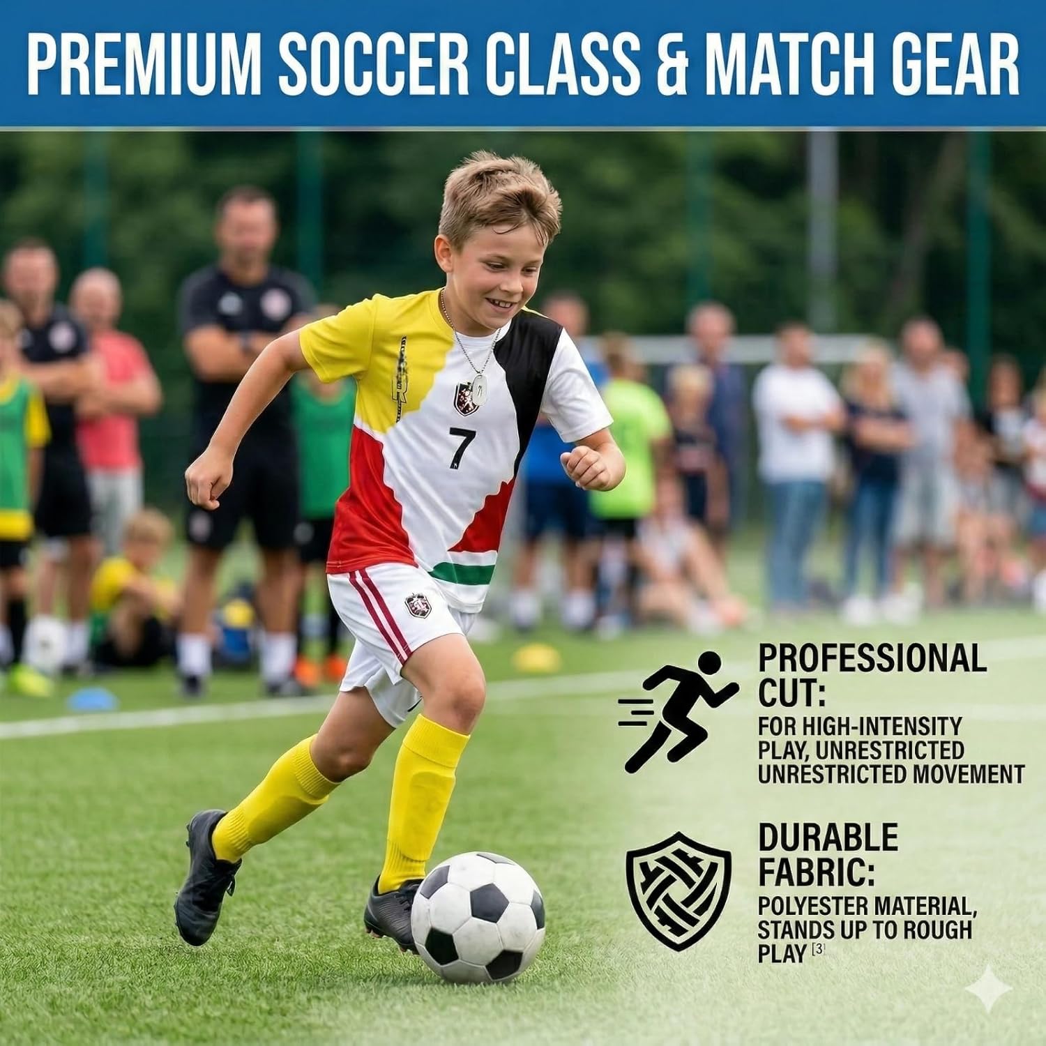 Kids Soccer Jersey Boys Youth Uniform Set - 4pc Soccer Kit with Jersey, Shorts, Socks & #7 Necklace for Ages 6-14