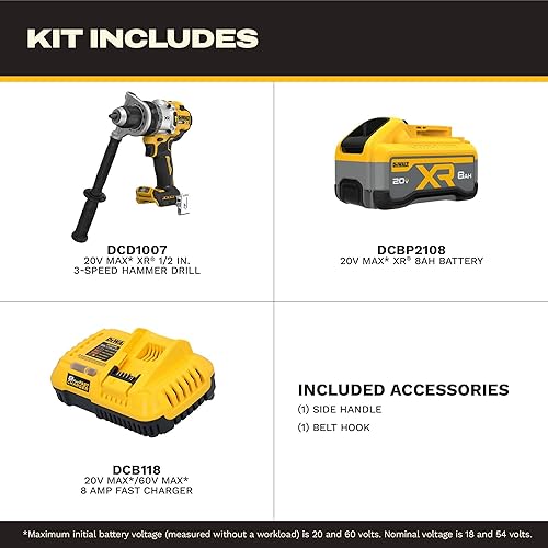 Miniatura 2 de DEWALT Kit de taladro de martillo inalámbrico de 12 pulgada MAX XR de 20 V con batería de 8 Ah y cargador (DCD1007WW1)