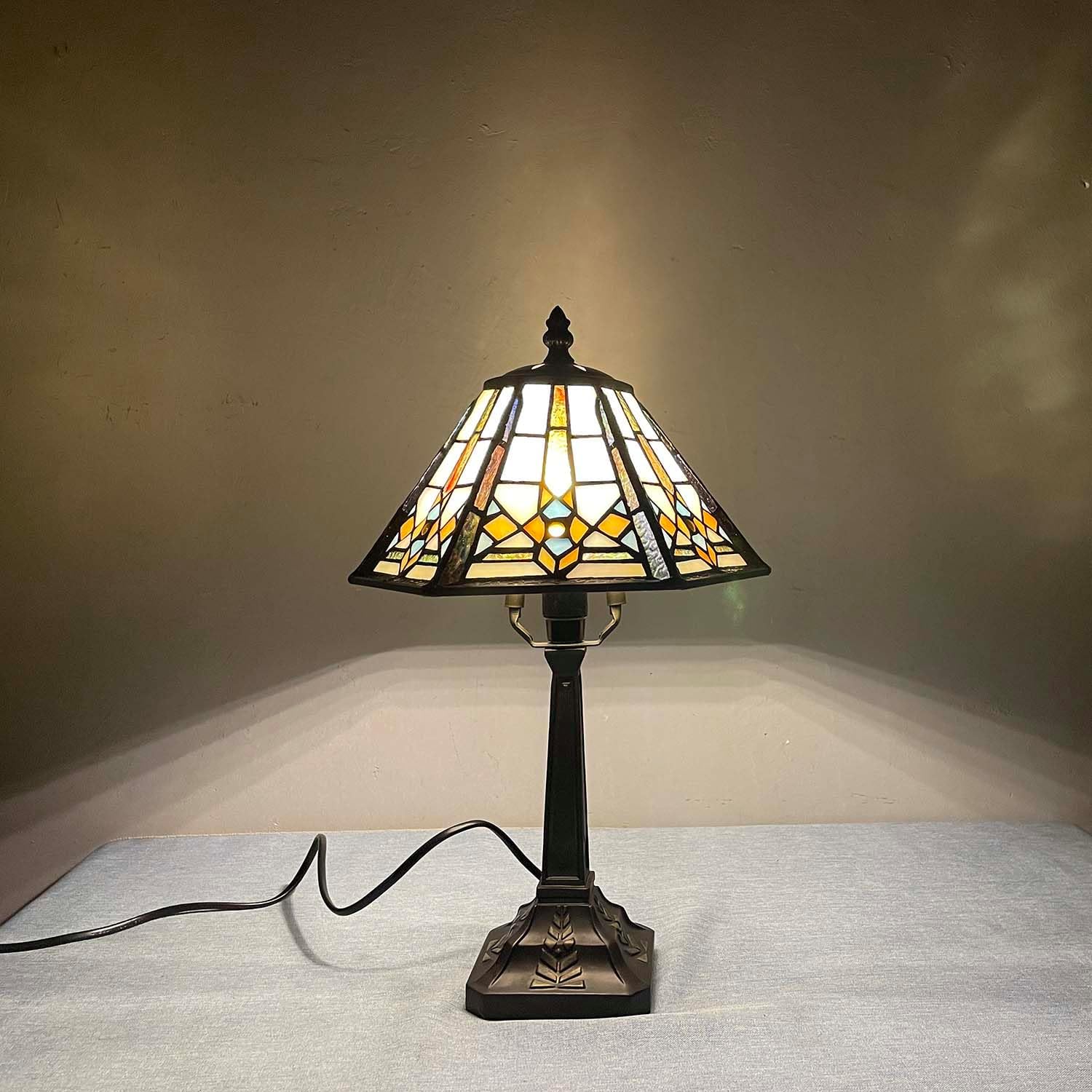 Bieye L10791 Mission Style Table Lamp Tiffany Stained Glass Night Light with Hexagonal Cone Lampshade, 10" W x 16" H