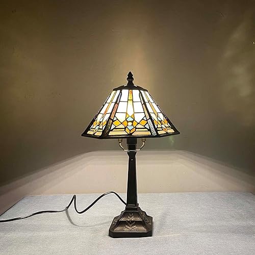 Miniatura 2 de Bieye L10791 - Lámpara de mesa estilo misión con luz nocturna de vidrio manchado Tiffany y pantalla cónica hexagonal, 10 pulgadas de ancho x 16