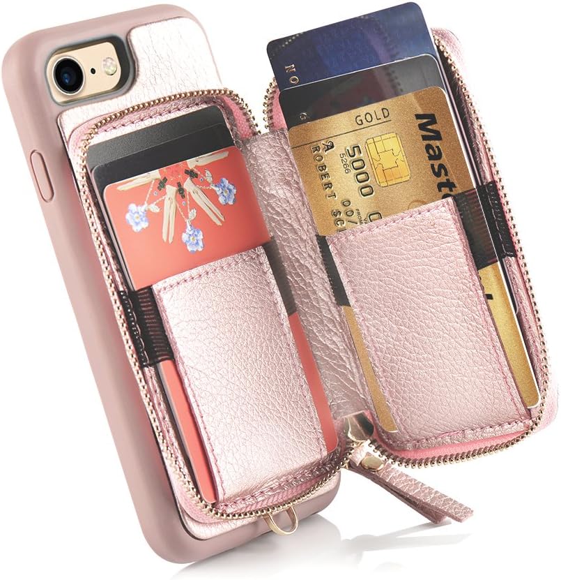 ZVE Case for iPhone SE 2022 5G for Apple iPhone 8 iPhone 7, 4.7 inch, Leather Wallet Case with Credit Card Holder Slot Zipper Wallet Pocket Purse Handbag Wrist Strap Case Cover- Rose Gold
