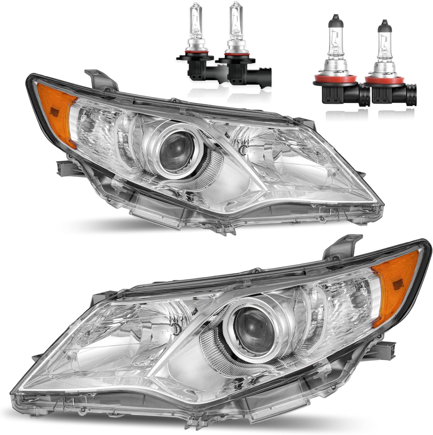 Headlights W/Bulbs for 2012 2013 2014 Toyota Camry Halogen Headlamp Replacement Driver & Passenger Side