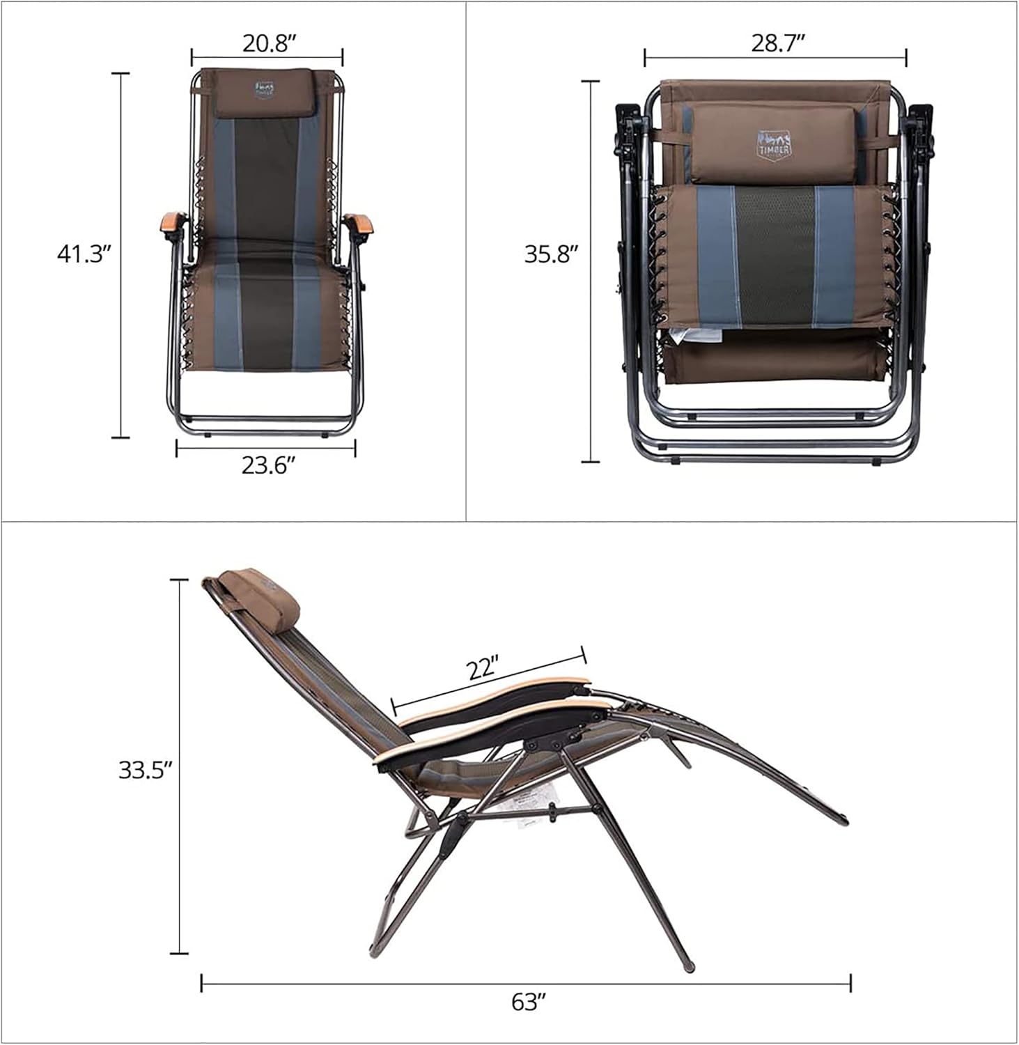 Diagram illustrating the dimensions of the Timber Ridge Zero Gravity Chair in both upright and reclined positions.