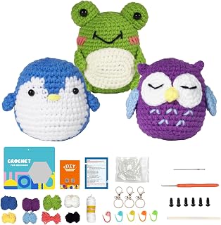 Beginner Crochet Kit for Ddults, 3Pcs Cute Crochet Animal Kit, Crochet Kit with Step-by-Step Video Tutorials for Knitting Enthusiast, DIY Craft for Adults and Kids (Penguin + Owl + Frog)