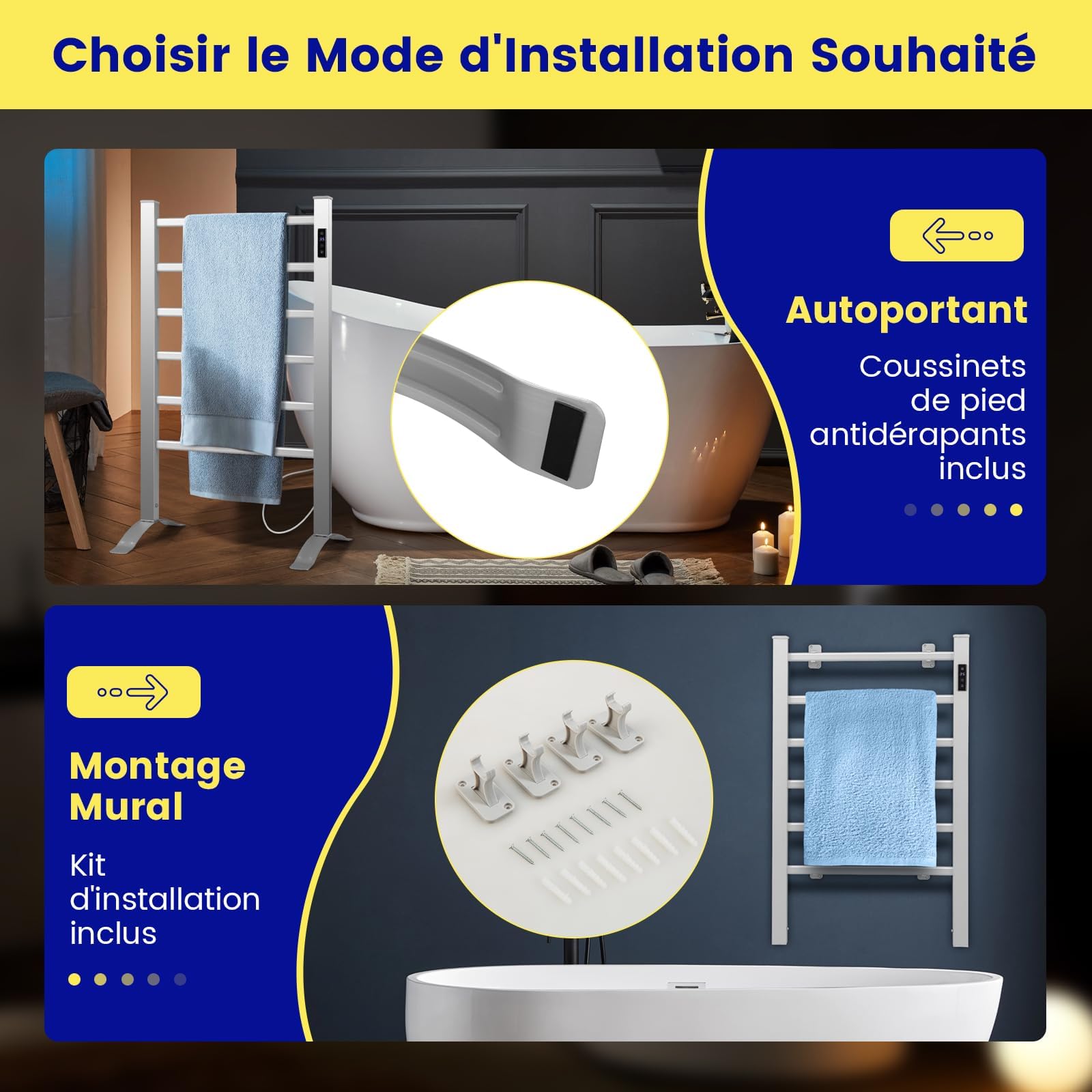 RELAX4LIFE Sèche-Serviettes Électrique 105W avec 6 Barres, Chauffage Porte-Serviettes 30℃-60℃ Mural/sur Pieds, Radiateur Électrique pour Serviettes en Aluminium avec Minuterie Protection Surchauffe