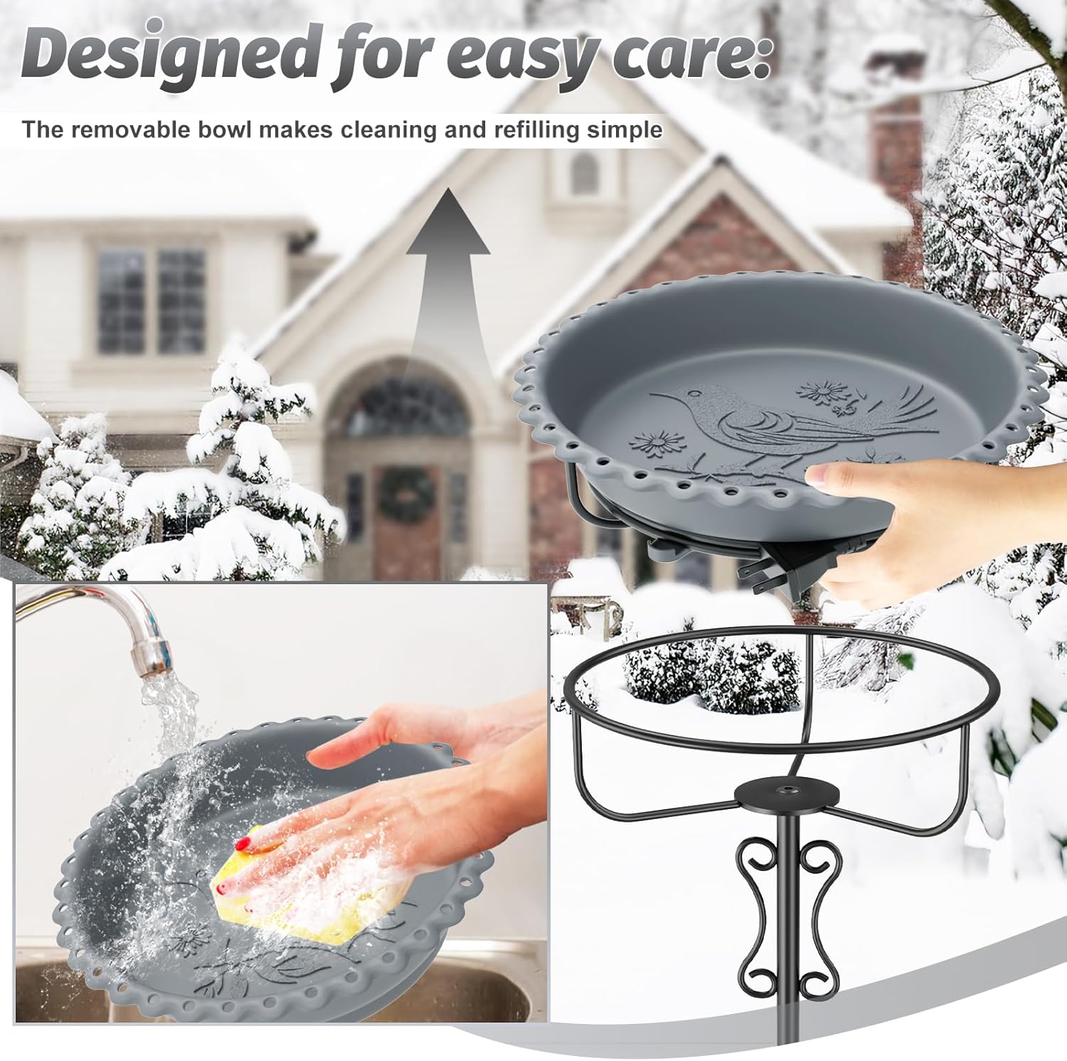 Heated Bird Bath for Outside Winter,100W Thermostat Control Birdbath Bowl with Metal 5-Prong Base,Freestanding Heated Bird Baths for Outdoors Garden Patio Yard Lawn (Gray)