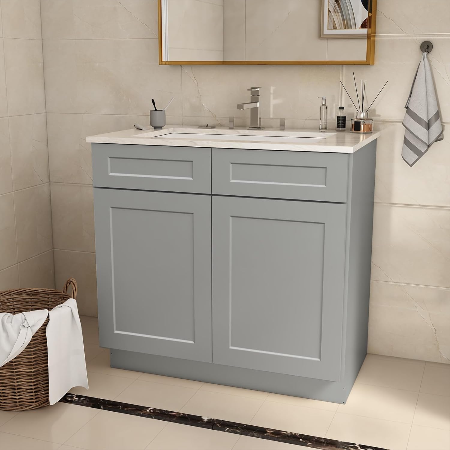 Hausvita 30'' Bathroom Vanity Cabinet, Morden Bathroom Storage Cabinet with 2 False Drawers and 2 Soft-Close Doors, Large Capacity Cabinet (Without Sink) for Bathroom, Laundry & Kitchen, Shaker Grey