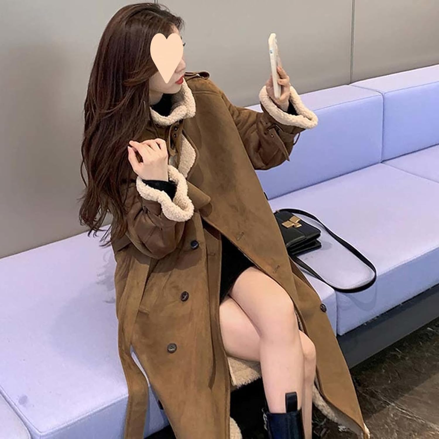 [WOOYOO] ファーコート フェイクムートン 毛皮コート レディース ベルト付き ダブルボタン ボアコート モッズコート 防寒服