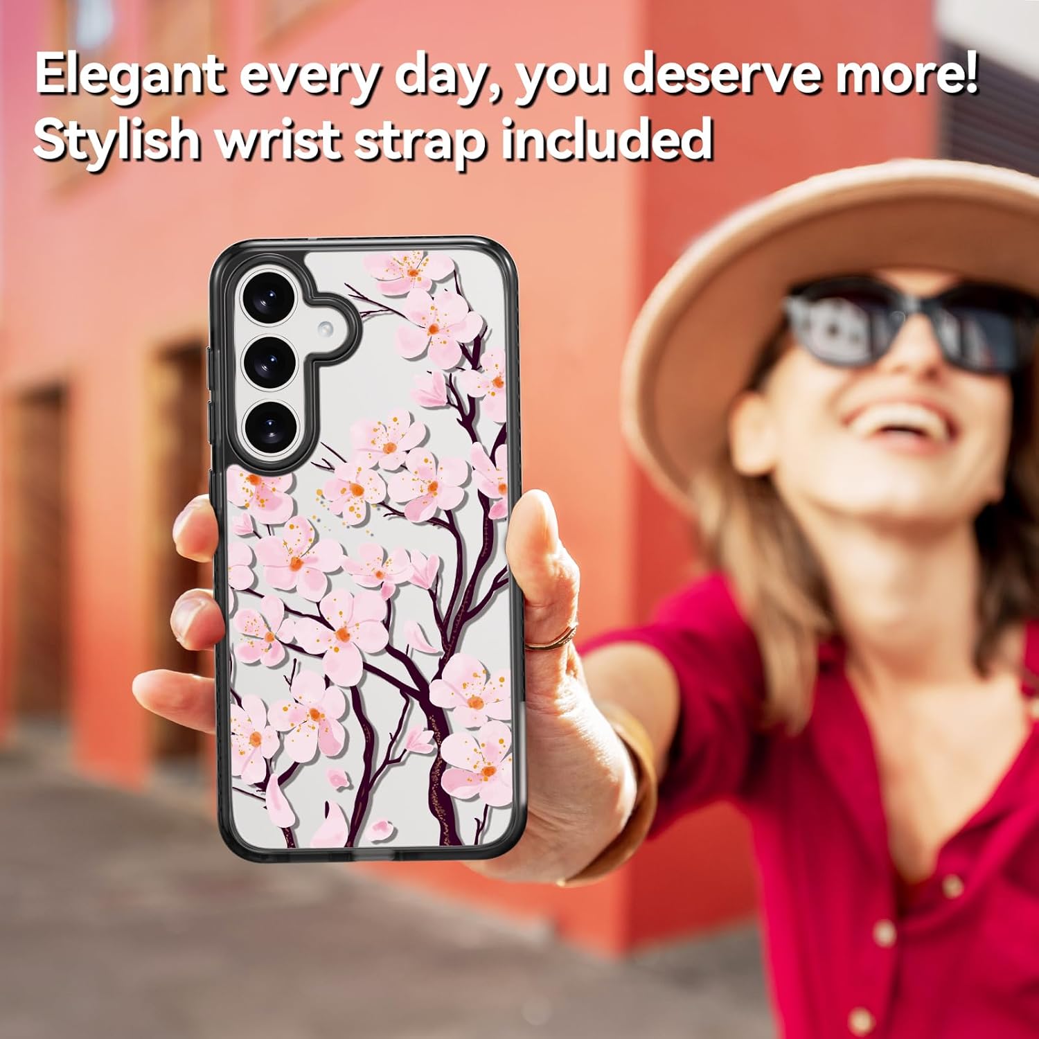 Rosarnnah Compatible for Samsung Galaxy S25 Case Cute Aesthetic - Durable Shockproof 6.6 ft Drop Impact Phone Case Cover with Funny Fashion Cherry Blossoms Design 6.2" Black