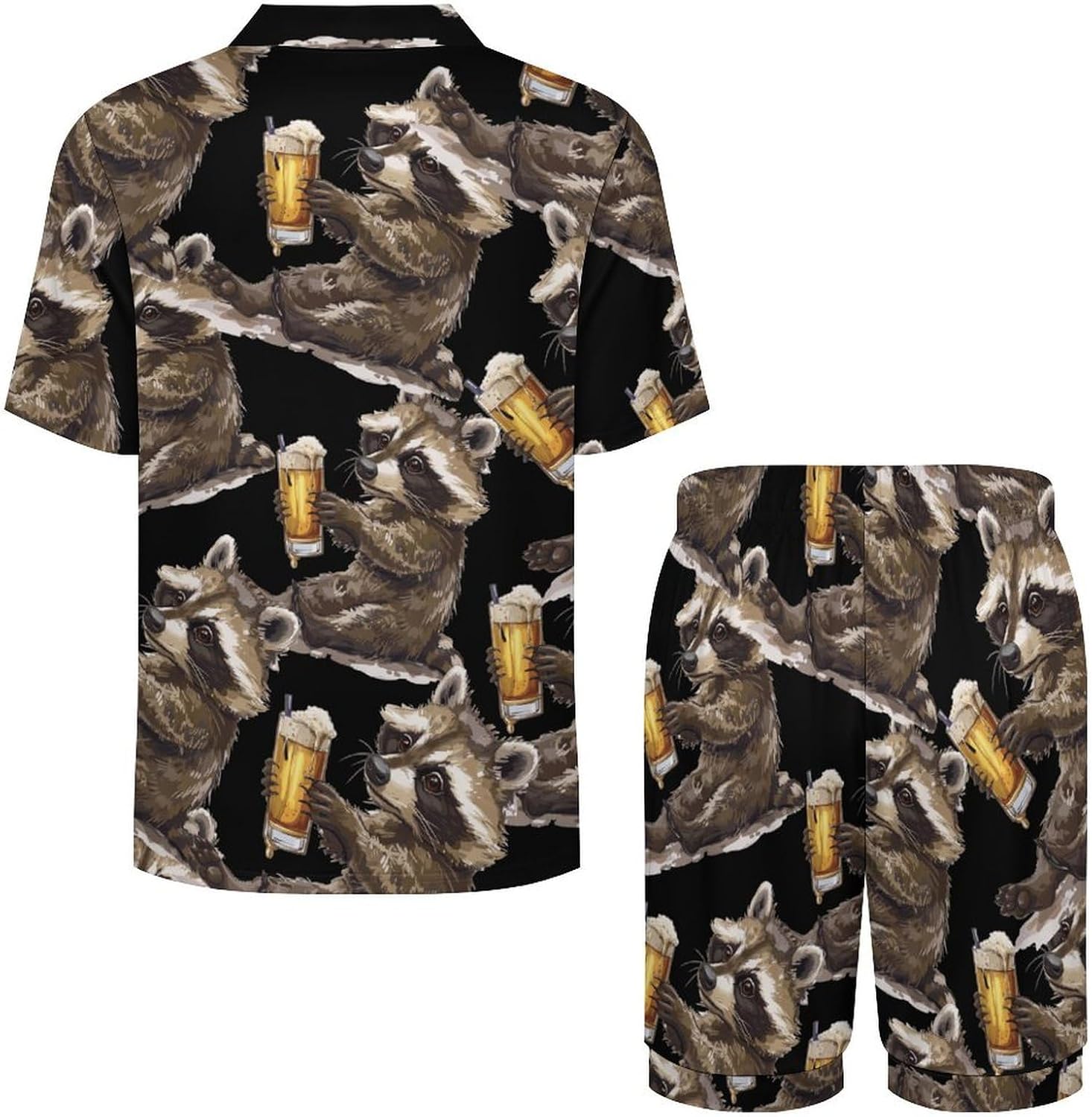 Raccoon Drinking Beer Men's Short Sleeve Pajama Set Satin Silk Like Lounge Sleepwear