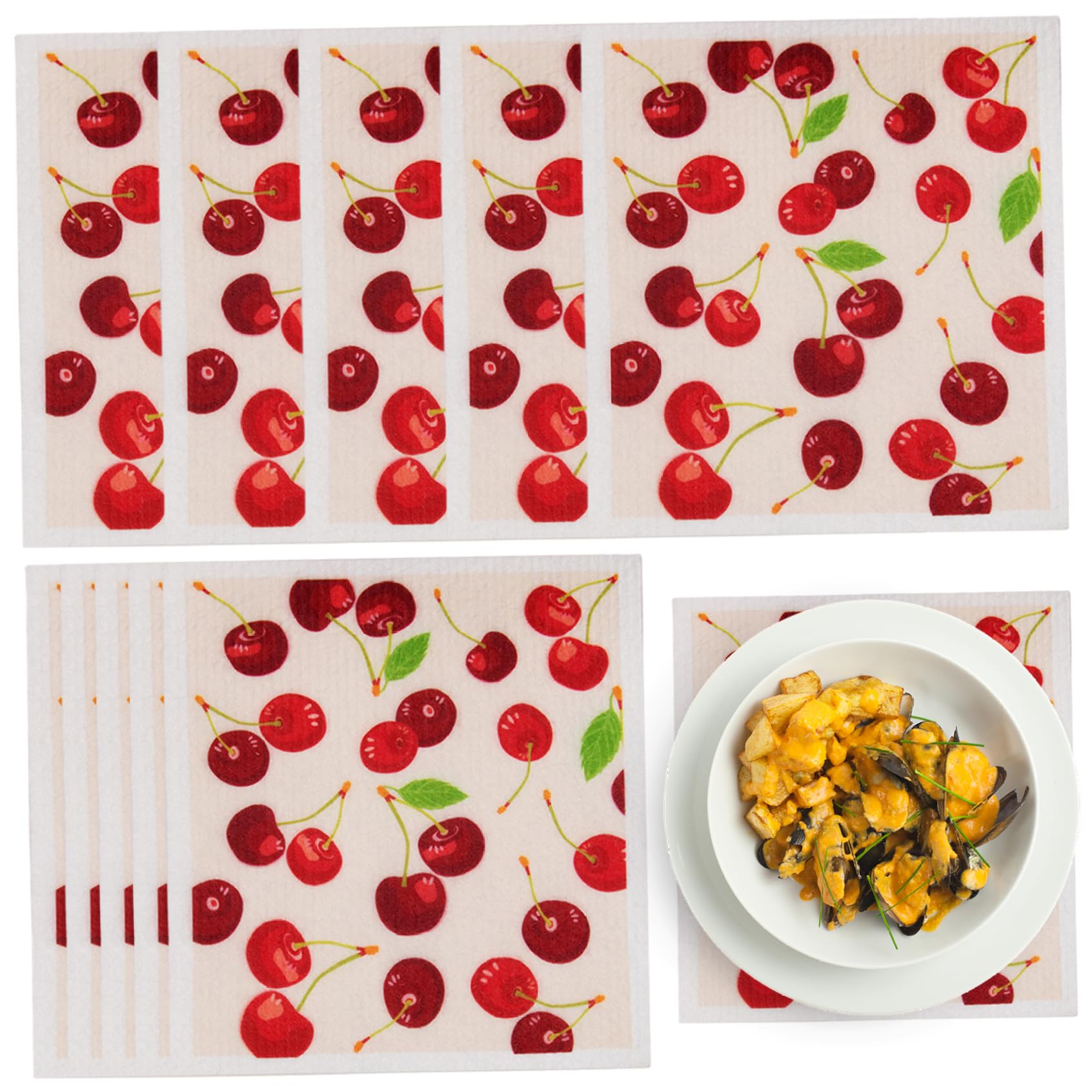 CNAFGBGG 10Pcs Dish Cloth, 7x8 inch Absorbent Cherry Kitchen Towels, Reusable Paper Towels, Dish Rags for Home..