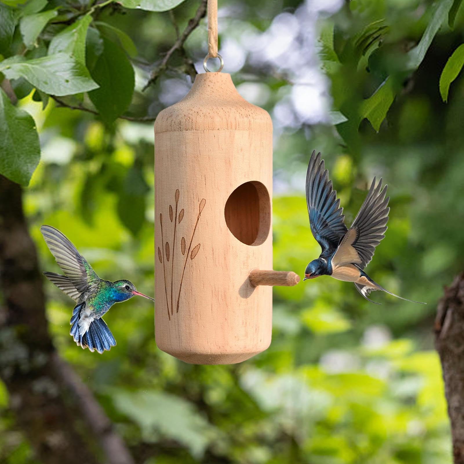 Abri en Bois pour colibris avec Corde, Maison pour Oiseaux en Plein air | Mangeoire compacte pour Oiseaux et boîte | Habitat de Colibri de Jardin, décoration Naturelle pour la Cour arrière