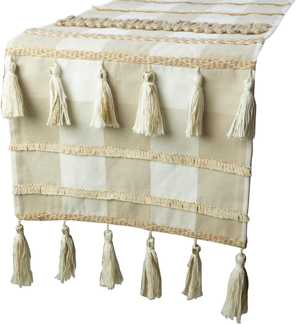 The HomeCentric Beige Table Runner 8-10 Seater Table Runner (16 x 120 inch), Tassels, Jute & Buffalo Checks Table Runner, Cotton Fabric Table Linen, Plaid Contemporary - Buffalo Check Decor