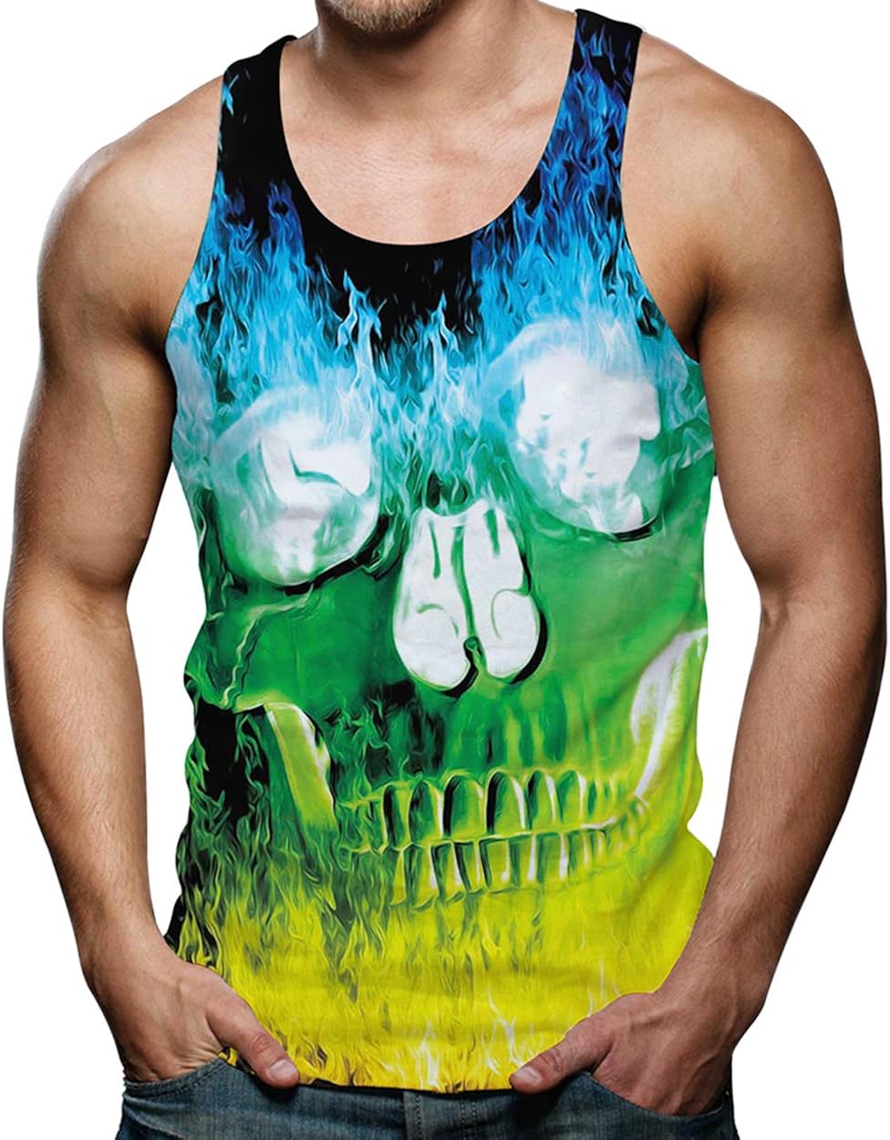 RAISEVERN Mens Tank Tops Workout Sleeveless Shirts Beach Casual Cool Muscle Tee Funny Gym Running Novelty Summer 3D Colorful Smoke Skeleton Skull Graphic Undershirts L