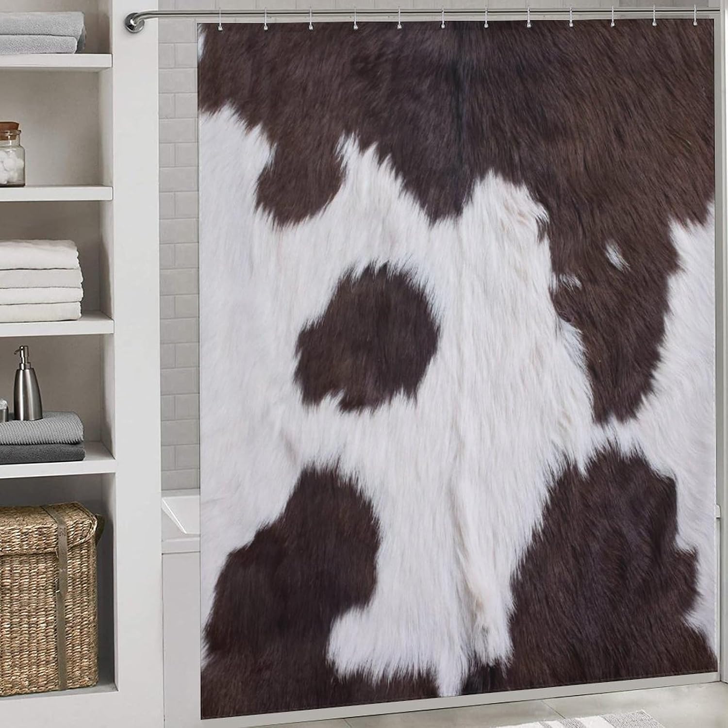Cow Print Shower Curtain Set, Animal Fur Skin Curtains Brown Cowhide Western Farm Home Bathroom Curtain Decor Fabric Waterproof Polyester with 12 Hooks 72x72Inch
