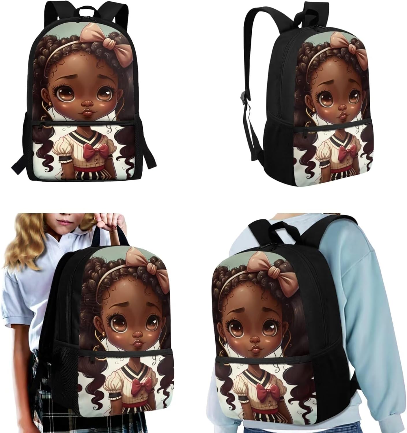African Girl Kids Backpack Set with Water Bottle Holder Lightweight Preschool Backpack for Girls Water Resistance Elementary Student Bookbag for Kindergarten or Daycare