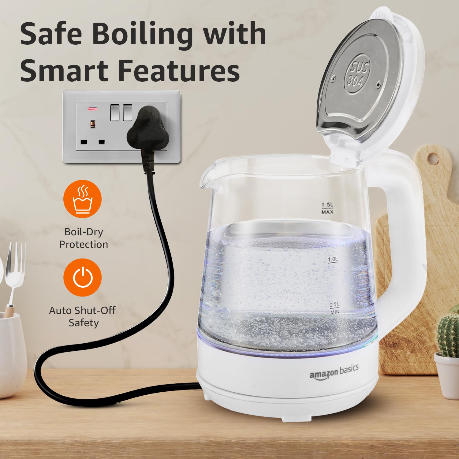Amazon Basics 1.5 Litre Electric Glass Kettle | 1350W | 360° Swivel Base | Led Indicator | Dry Boil Protection |Auto Shut-off & Overheat Protection | Multipurpose Travel Kettle 3