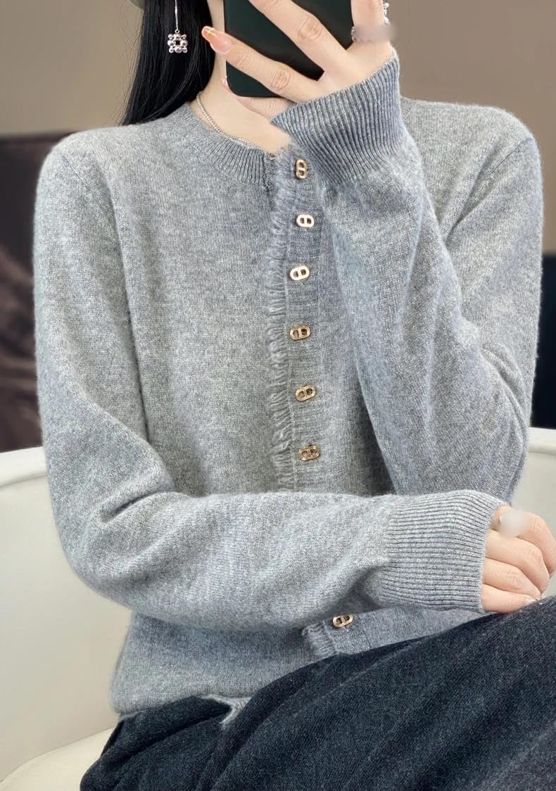 Cárdigan de Mujer con Cuello Redondo, Borlas de Cachemira Pura, Cárdigan Abierto por Delante, Botones de Manga Larga, Cárdigan de Punto Acanalado, Elegante Prenda Exterior Informal de Cache