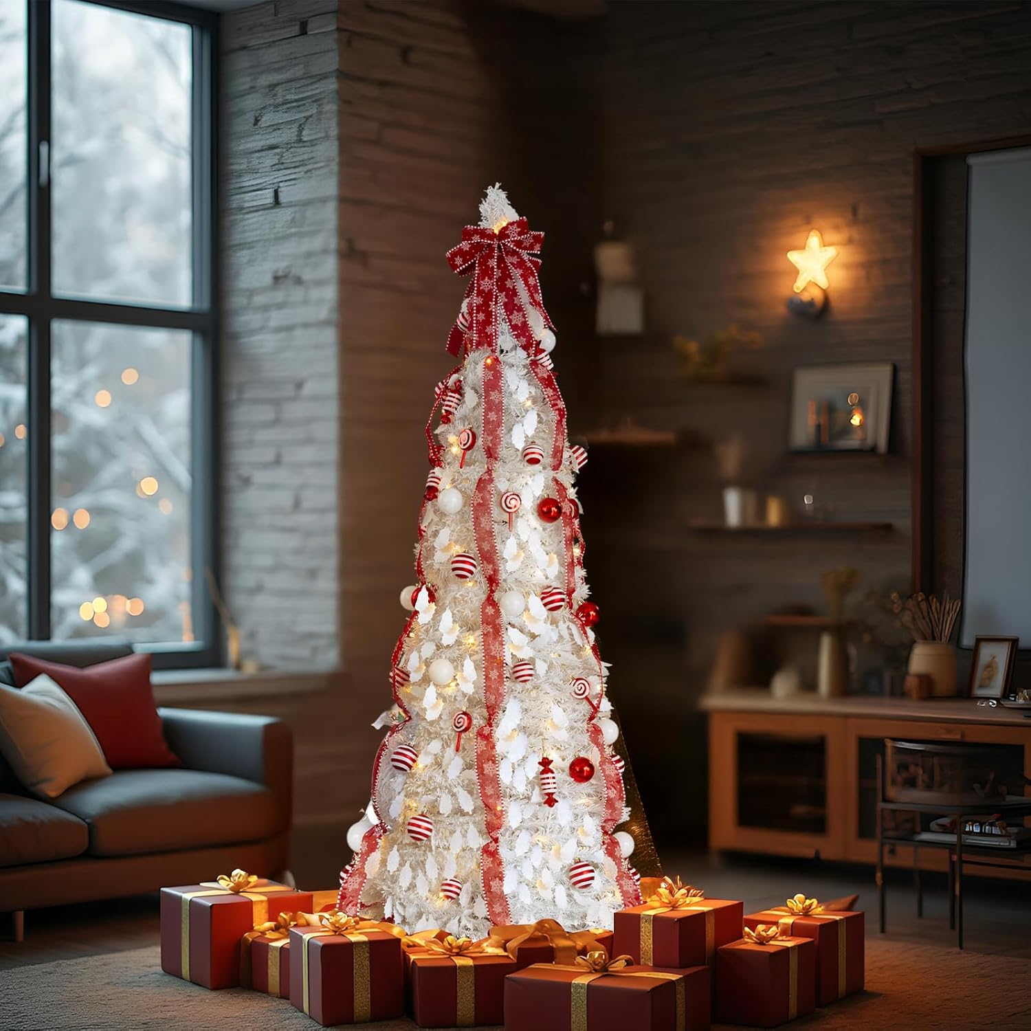 6FT Pop Up Christmas Tree with Lights, Prelit White Collapsible Christmas Tree with 100 Warm White Lights & 8 Flashing Modes, Decorated Foldable Xmas Trees for Holiday Decoration
