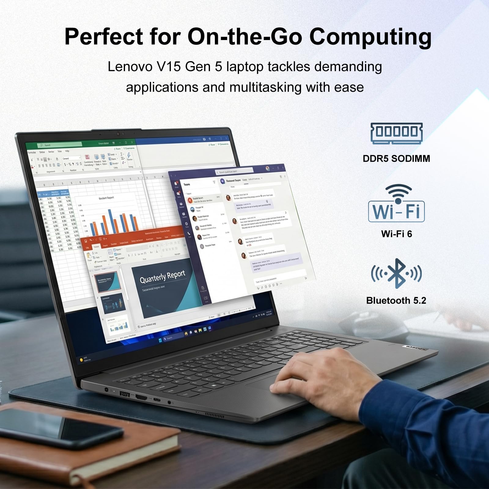 Lenovo V15 Gen 5 15.6" FHD Business Laptop, 12GB DDR5 RAM, 512GB di archiviazione, Intel Core i3 6-core CPU, W11 Pro, Ethernet RJ-45, AI Copilot Key, Webcam w/Shutter, Security Chip Discrete TPM 2.0