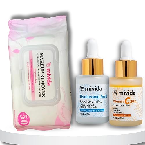 mivida Bundle Makeup Remover Wipes 50 Count + mivida Facial Serum Set of 2 Hyaluronic Acid Face Serum + Vitamin C Serum For Face