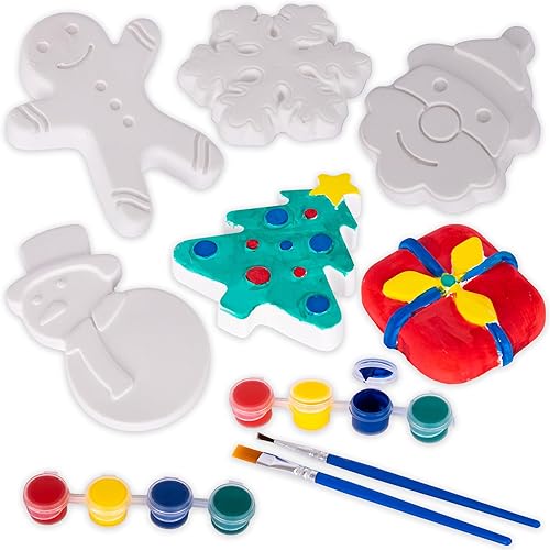ArtCreativity Kit de pintura de cerámica navideña para niños, 6 figuras de cerámica, 2 juegos de pintura y 2 pinceles, manualidades de pintura