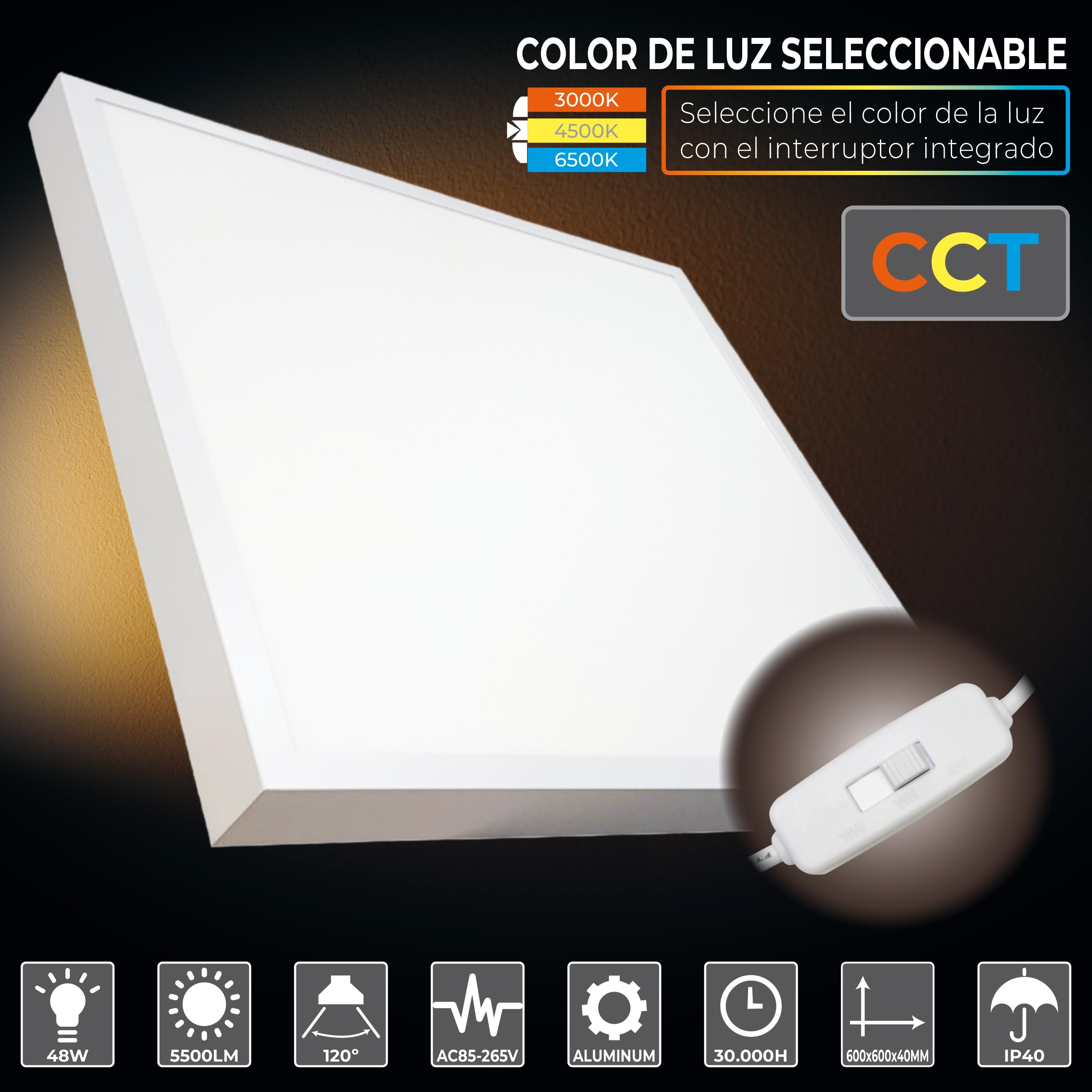 LED ATOMANT Plafon LED Cuadrado Panel Superficie 60x60cm 48W, CCT (Selector de Color Blanco Calido, Neutro y Frio), 5500 Lumenes, Driver incluido