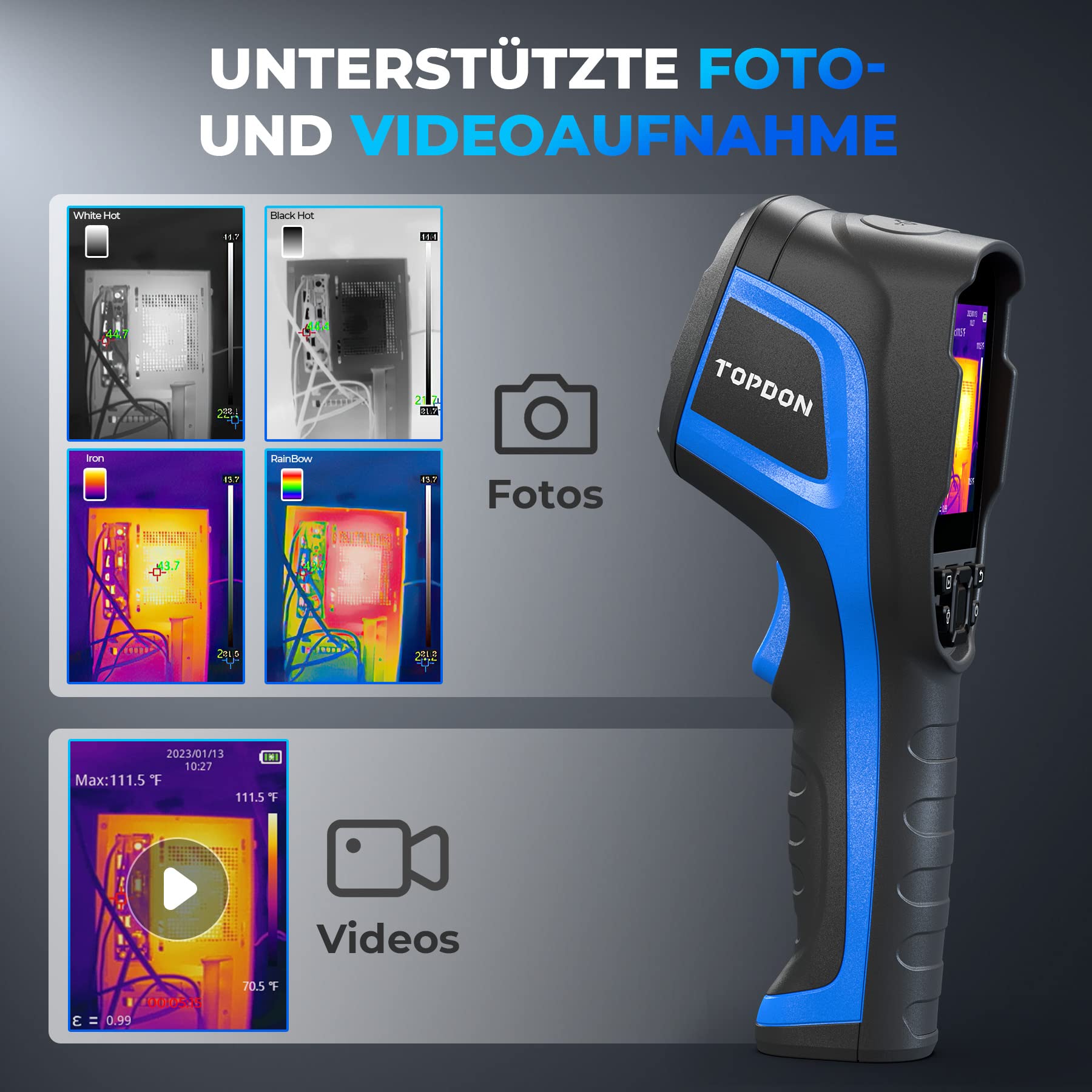 TOPDON TC004 Wärmebildkamera, 320x240 TISR Auflösung Infrarot Kamera, 12 Stunden Akkulaufzeit Thermal Camera mit Videoaufzeichnung und PC-Analyse, 16GB SD-Karte, Temperaturbereich –20°C bis +350°C