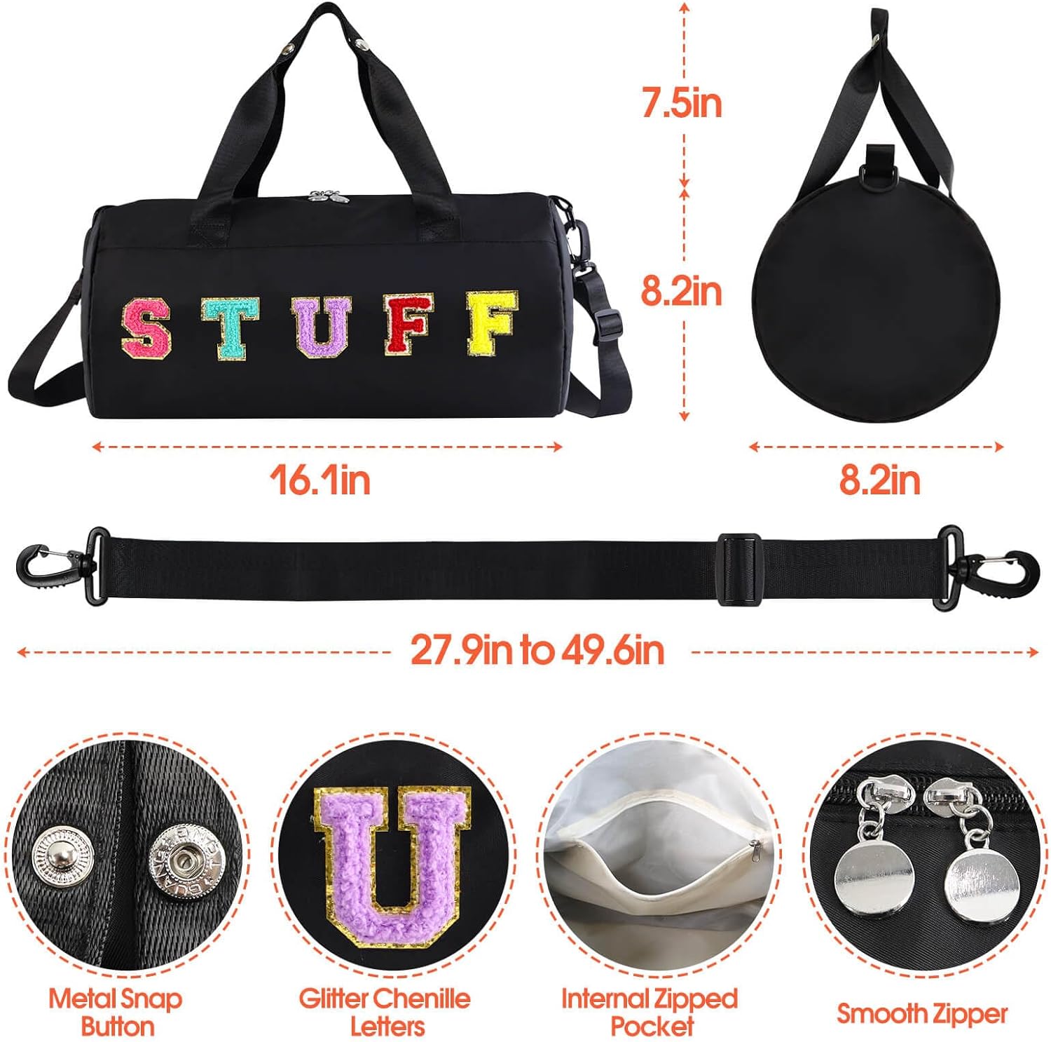 Chenille Letter Stuff Tote Bag 16 Inch, Small Gym Duffle Bag for Travel Dance Sports Workout Camping, Carry On Cheer Ballet Overnight Weekender Bags Birthday Gifts for Girls Kids Teens Women - Black - Image 3
