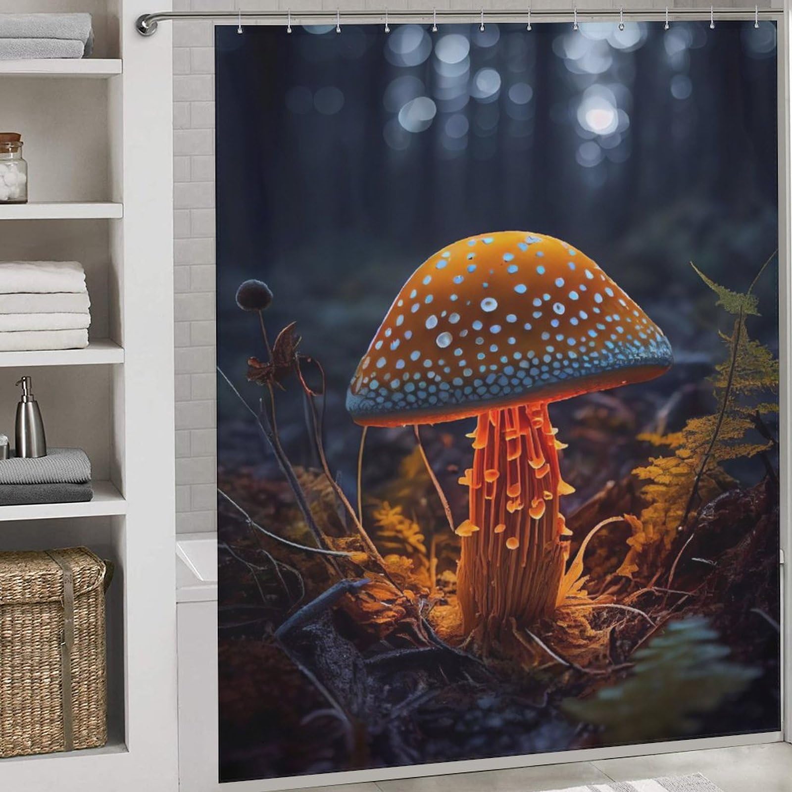 Rideau de douche champignon en tissu polyester imperméable 183x183 cm avec 12 crochets