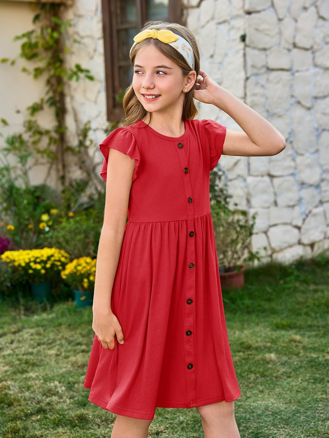 Haloumoning Girls Dress Kids Flutter Sleeve A-Line Button Down Sundress Casual Midi Dresses 5-14 Years - Image 4
