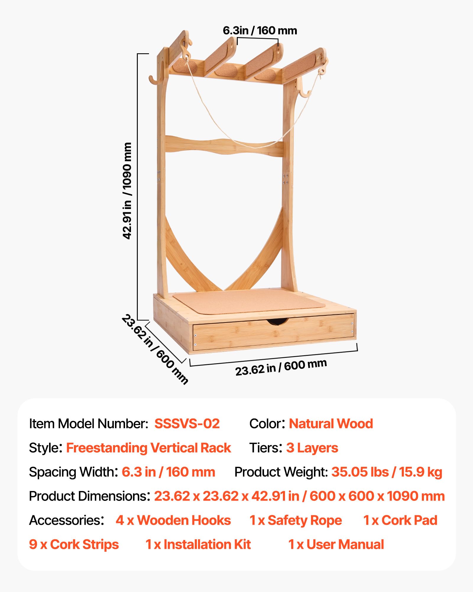 VEVOR Soporte Vertical para Tablas de Surf, Estante de Madera de 3 Niveles con Ganchos y Cajones