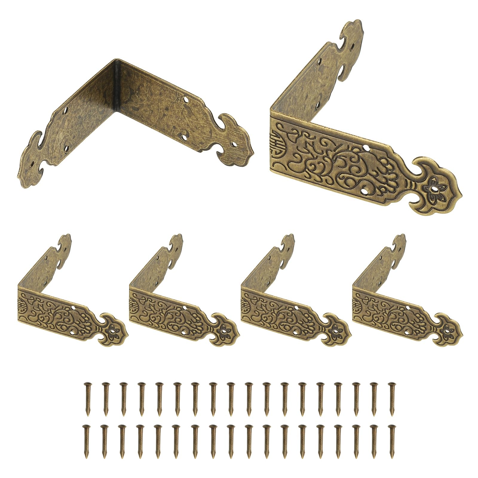 sourcing map 6 Pcs L Shaped Vintage Corner Protectors, 50 x 20 mm Decorative Guards, Protector Corner Braces with 36Pcs Nails for Cabinets Furniture Wooden Boxes, Bronze