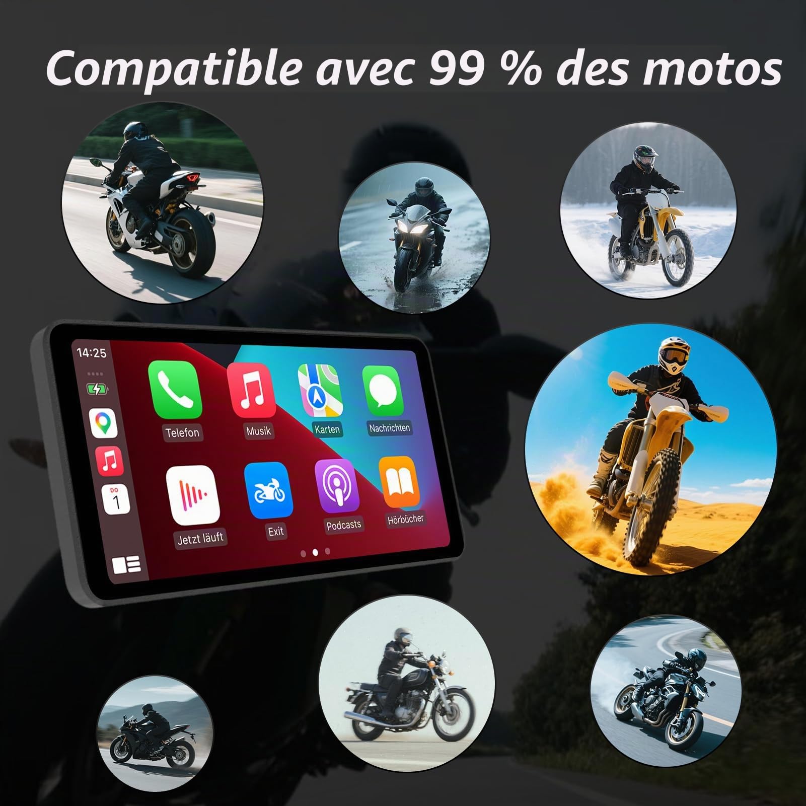 Écran intelligent de moto de 6 pouces - CarPlay & Android Auto sans fil | Contrôle vocal Bluetooth | IP67 étanche | TPMS | Écran tactile HD | Convient à la plupart des motos | Mises à jour OTA