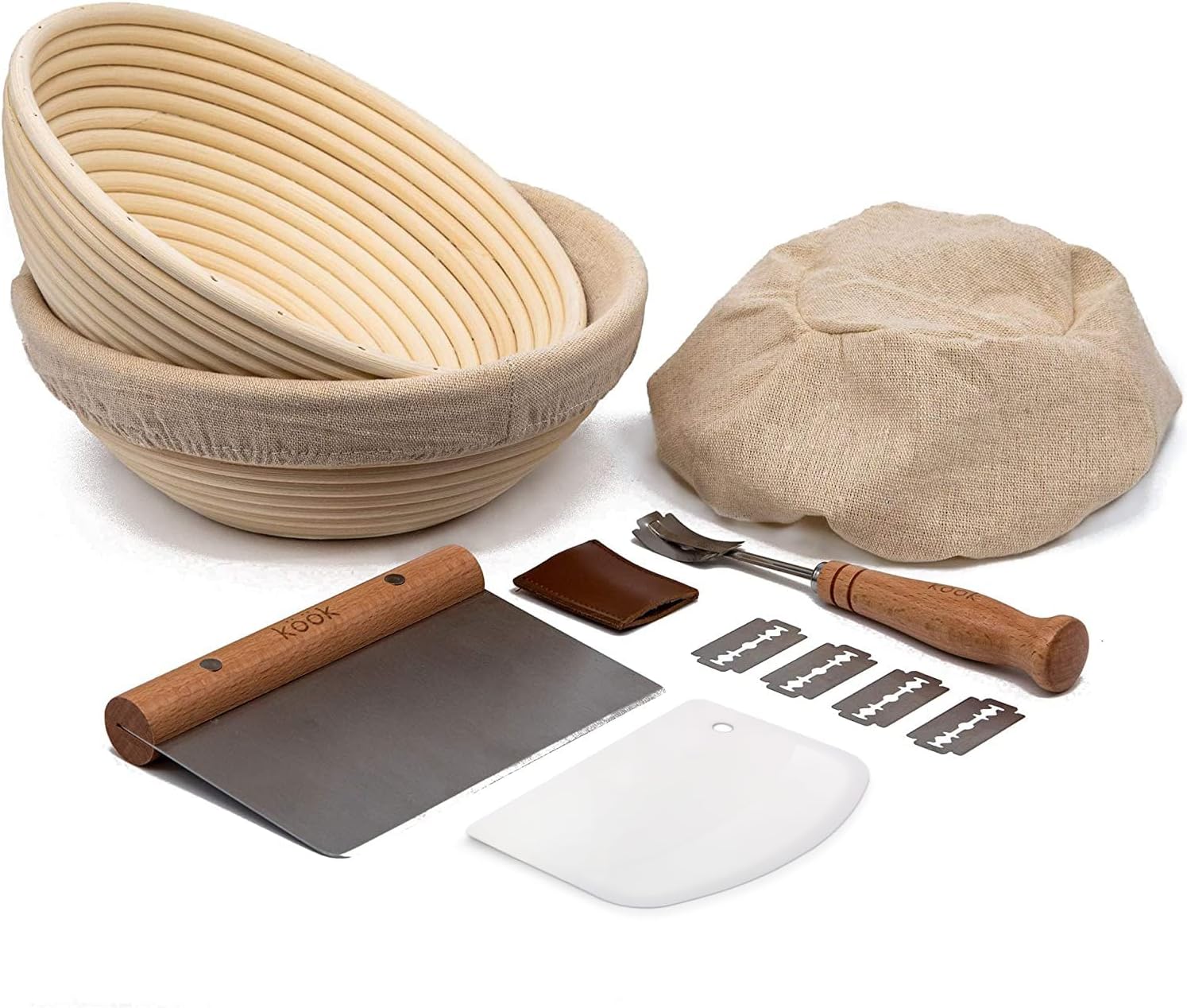 KooK Proofing Set, , Sourdough Bread, 2 Rattan 9 Inch Banneton Baskets, 2 Basket Covers, Metal Scraper, Plastic Scraper, Scoring Lame, 5 Blades and Case, Baking Kit, Dough Bowls, Round Shape