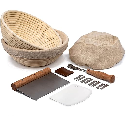 Proofing Set, by Kook, Sourdough Bread, 2 Rattan Banneton Baskets, 2 Basket Covers, Metal Scraper, Plastic Scraper, Scoring Lame, 5 Blades and Case, Round Shape