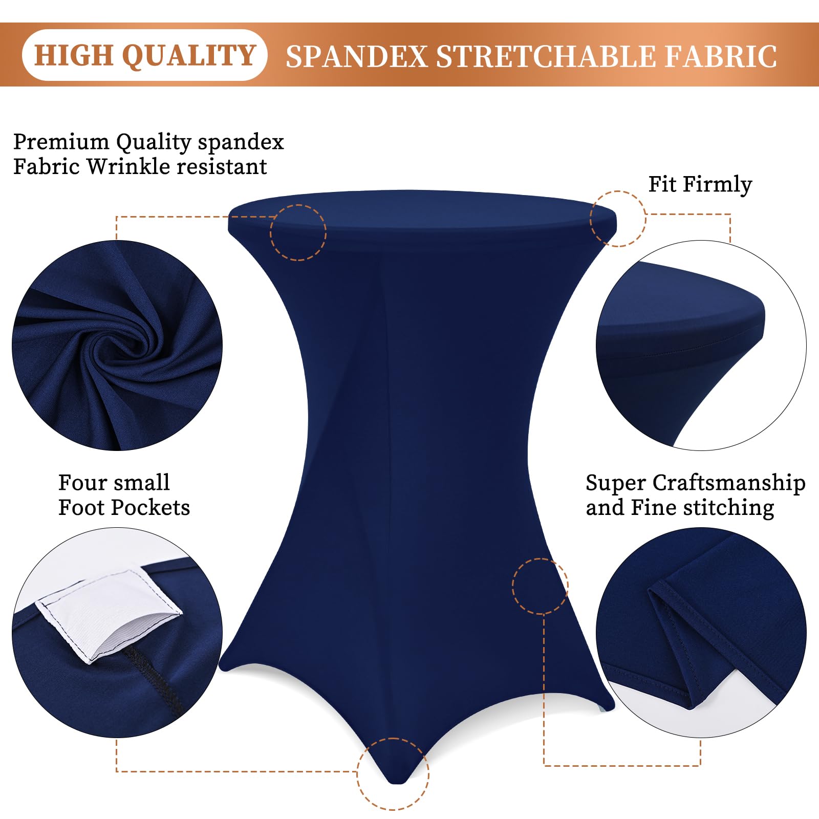 Showgeous Lot de 4 Housse pour Table Haute de Bistrot Ø 80-85 cm,Nappe Cocktail Ronde Blanc, Housse de Table de Cocktail Extensible en Spandex pour Table de Banquet de Cocktail de Mariage(Bleu Marine)