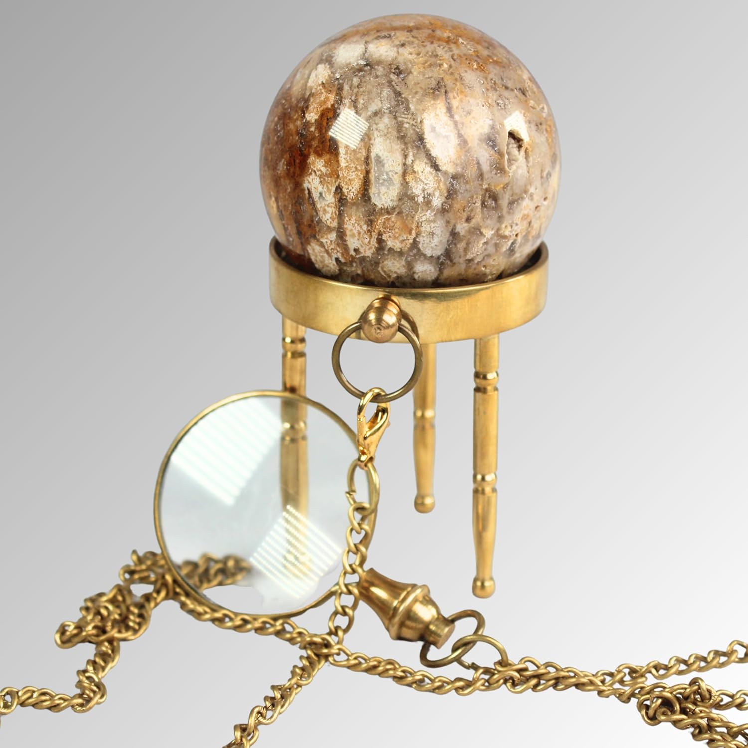 Handmade Fossil Stone Sphere with Brass Stand & Vintage Magnifying Glass Pendant Natural Fossil Crystal Ball for Home Decor, Meditation & Collectors