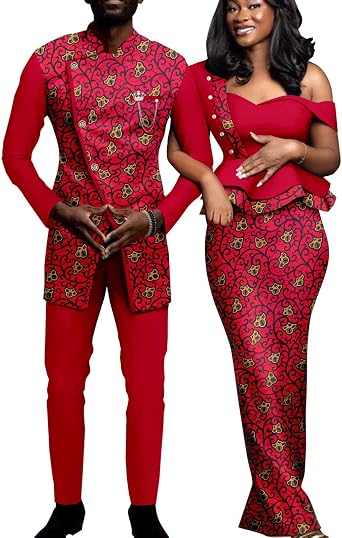 African Couple Outfits Women Print Wax One Shoulder Pencil Dress with Men Dashiki Jacket Shirt and Pants Sets