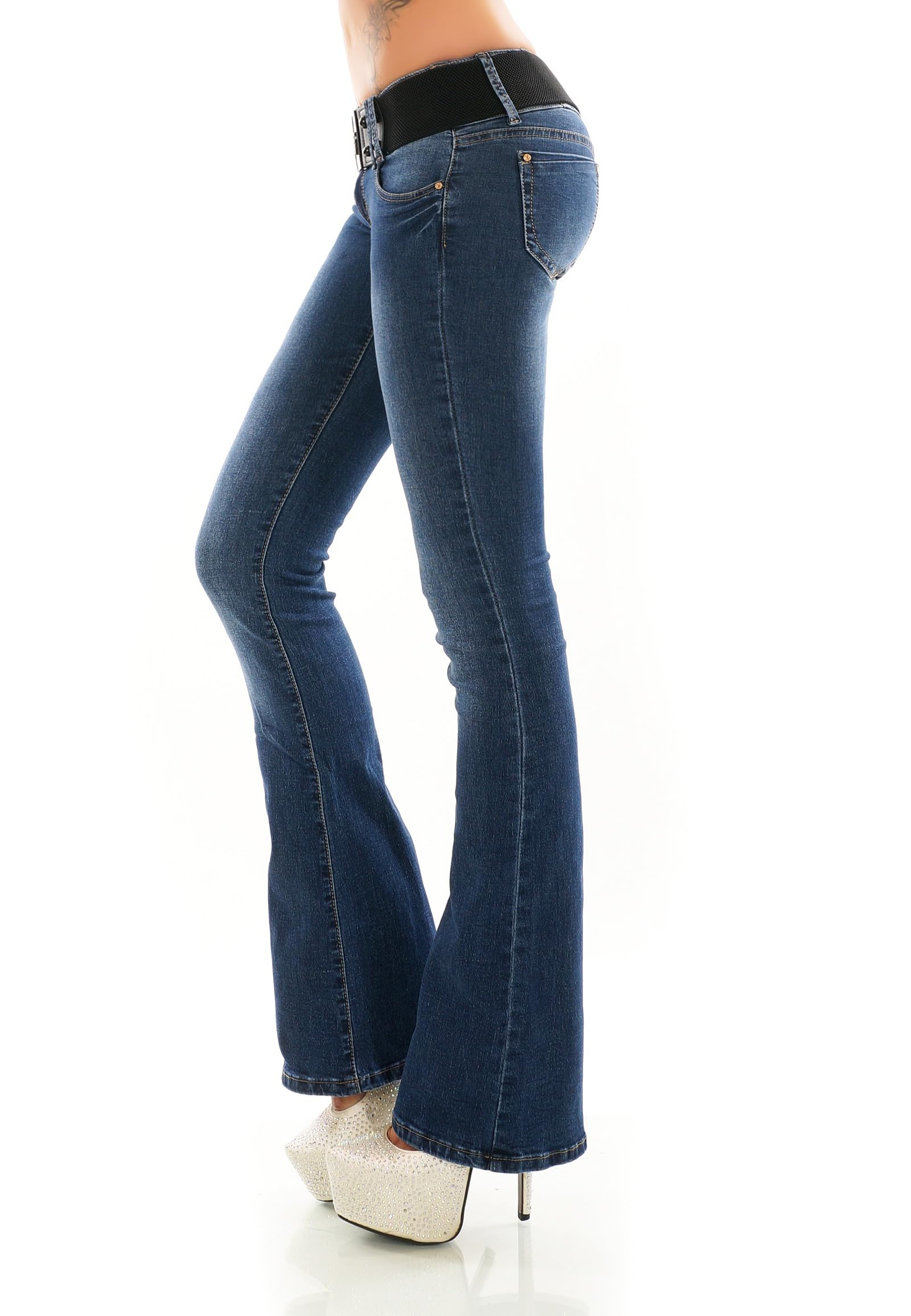 Miss RJ Jeans Hüft Bootcut Jeans Damen Jeans Schlag Jeanshose Gürtel