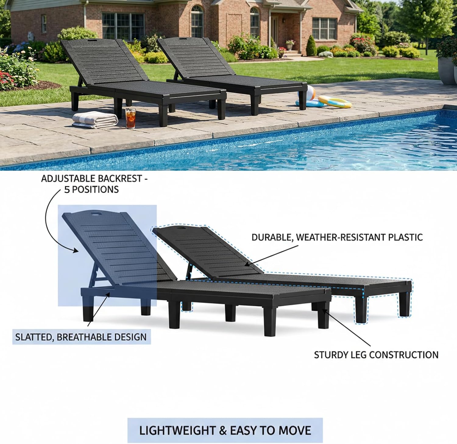 Chaise Lounge Chair Set of 2, Adjustable Pool Lounge Chair with 5 Positions Backrest, Waterproof Lightweight Polypropylene Patio Sun Loungers for Garden Pool Beach Patio Deck Sunbathing