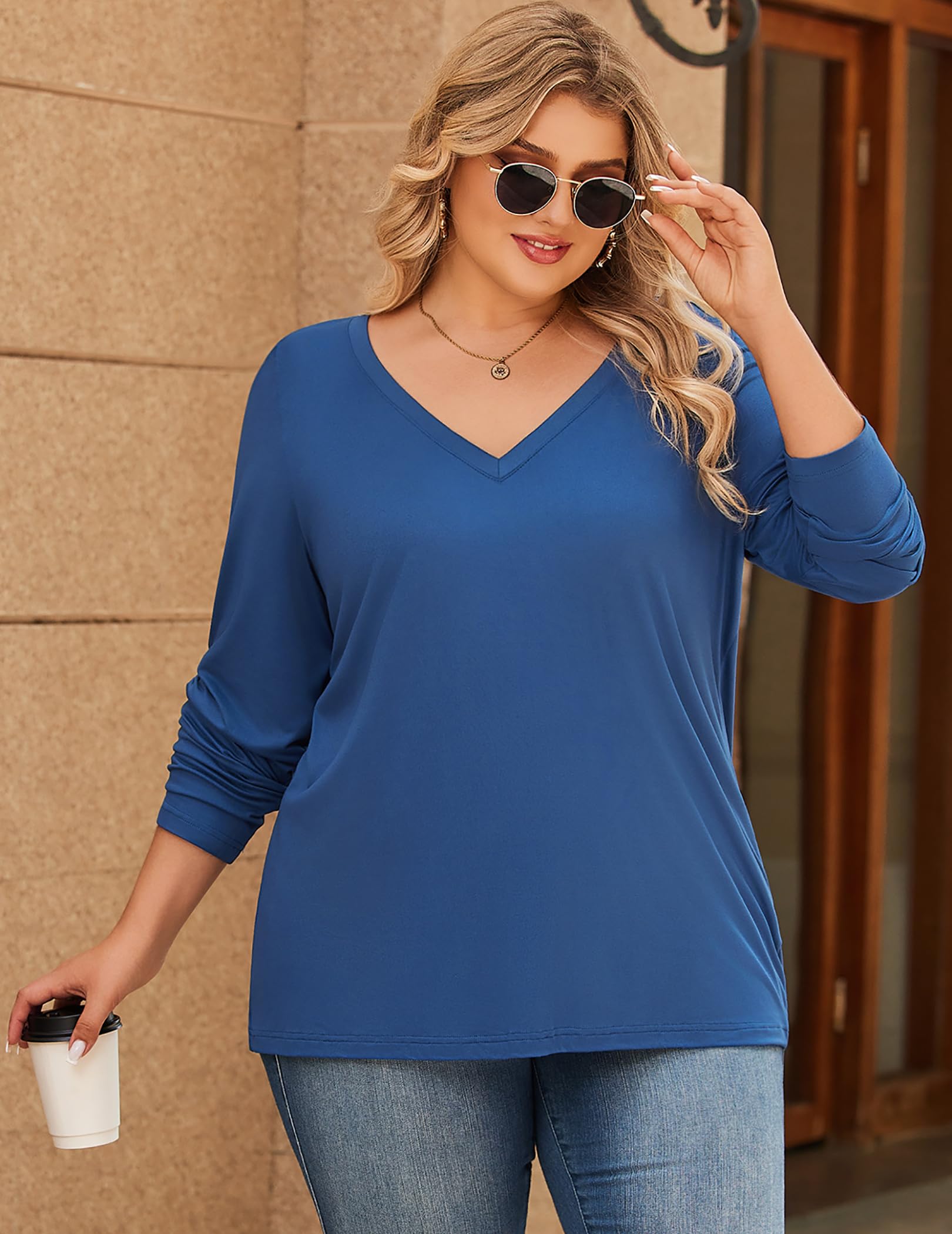IN'VOLAND Womens Plus Size Long Sleeve Shirts V Neck Basic Tee Tops Loose Fit Fall Outfits for Women 1X-5X
